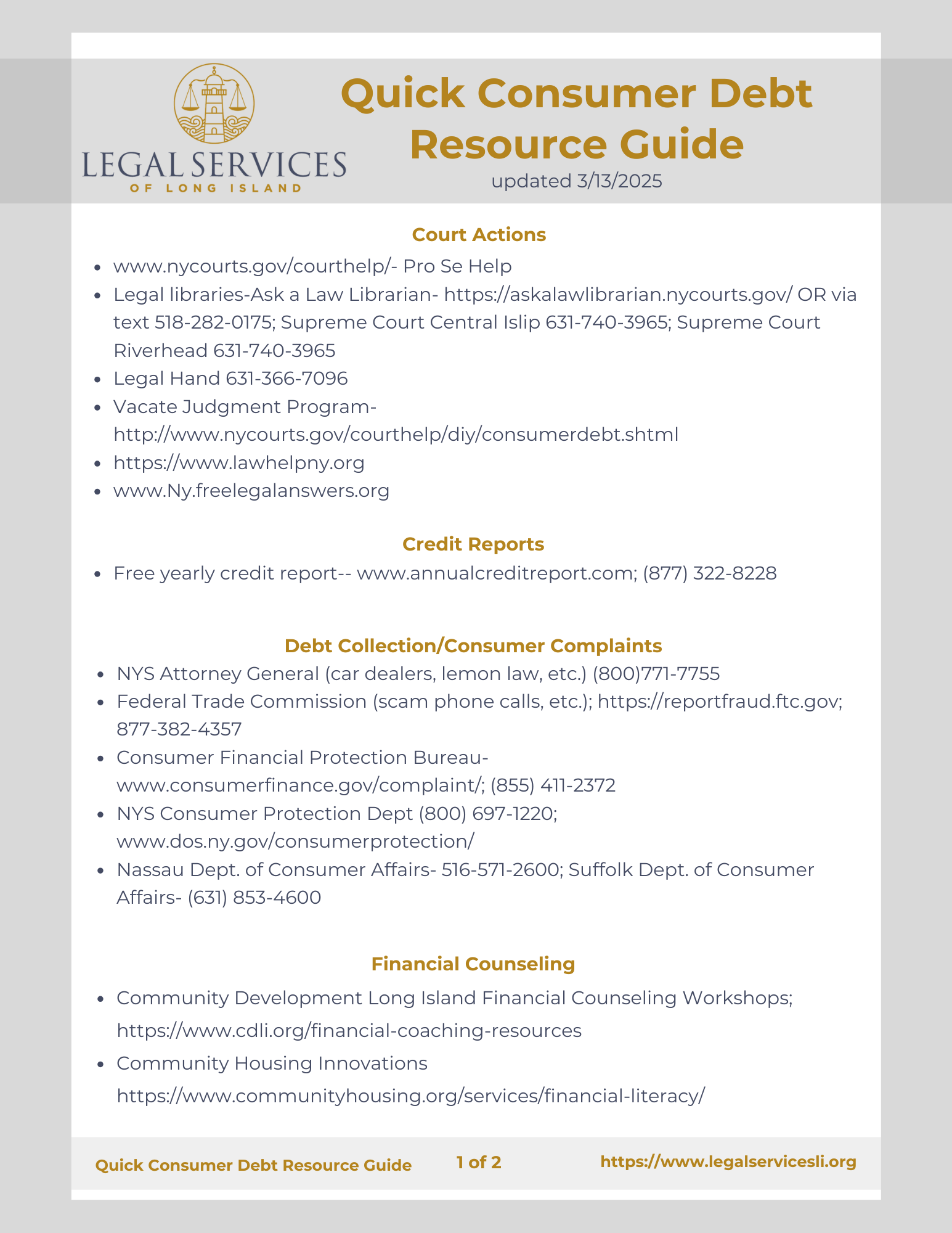 QUICK CONSUMER DEBT RESOURCE GUIDE (updated 3/13/2025)