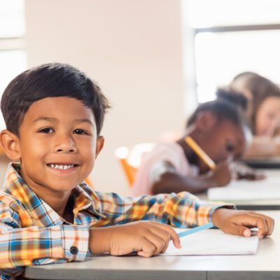 A cute pupil posing at his desk