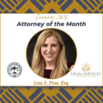 January 2026 Attorney of the Month graphic featuring Lisa S. Fine, Esq. Her portrait is centered within a gold circle. The Suffolk County Bar Association logo appears on the left and the Legal Services of Long Island logo appears on the right.